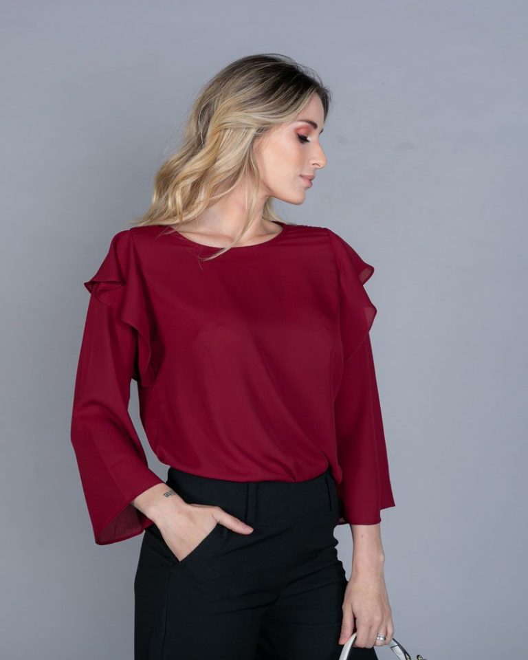 Camisa feminina manga longa e babado Claudia